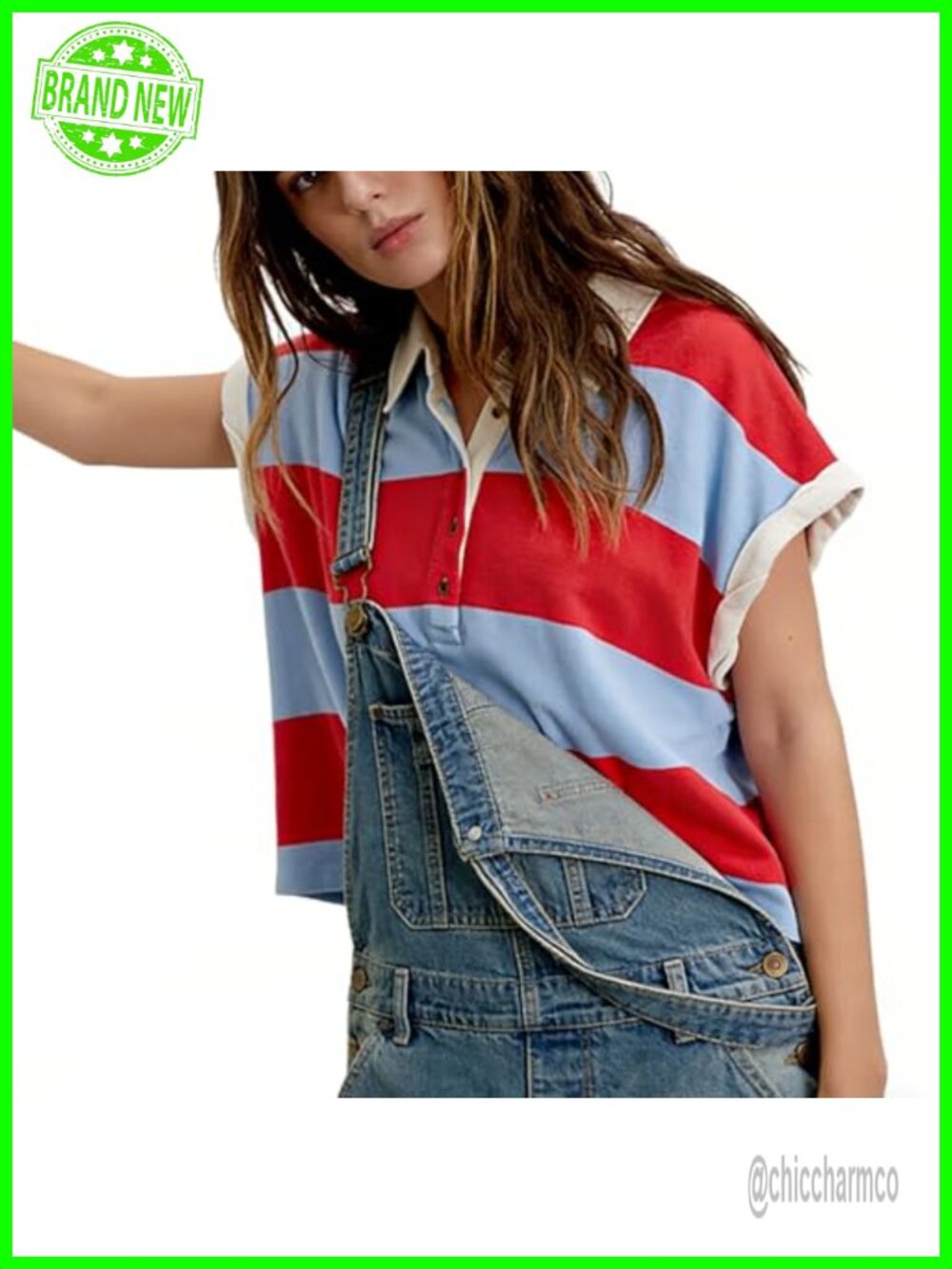 Striped Oversized Y2K Polo Top Short Sleeve Cropped Baggy T-shirt - Picture 6 of 6
